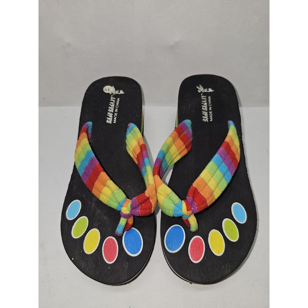 VTG Y2K Rainbow Platform Wedge Flip Flops Size 39‎ Pride Mcbling Rave Festival